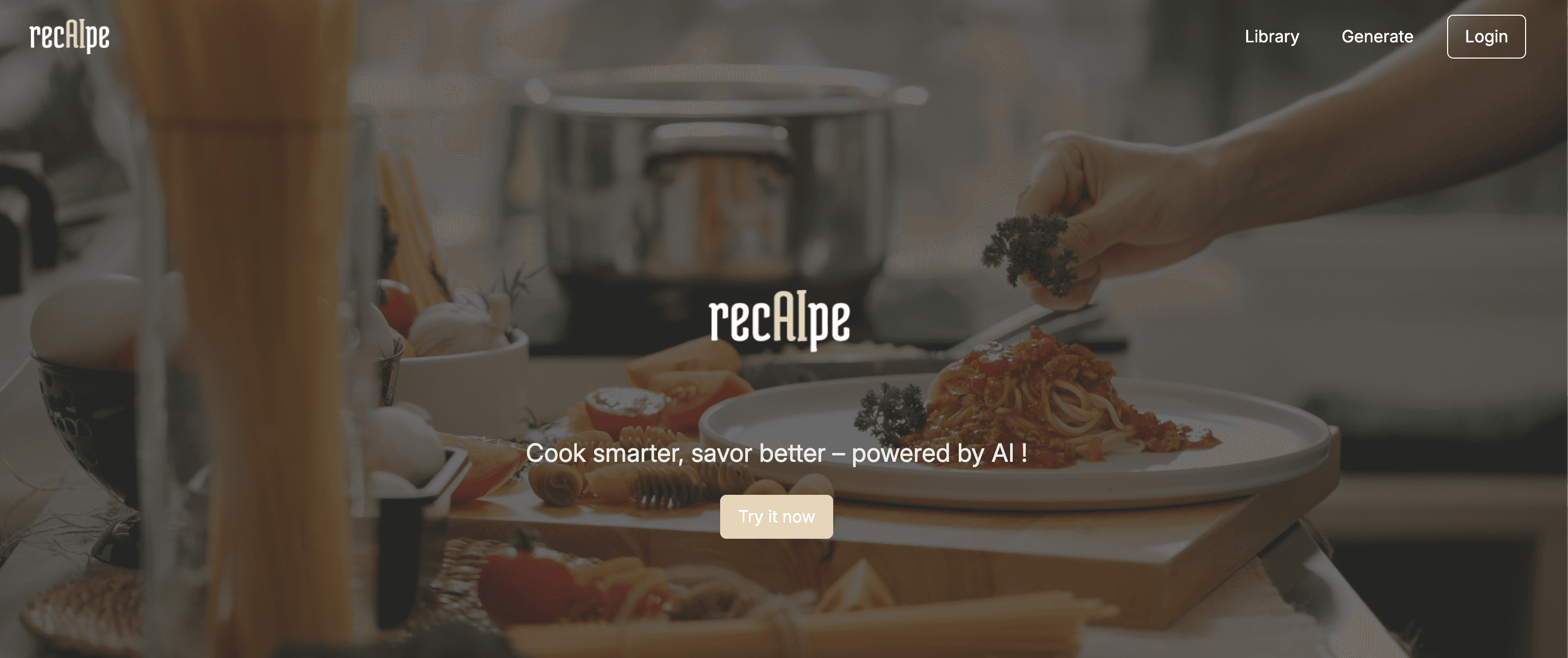 The recAIpe homepage with recipe discovery and generation navigation